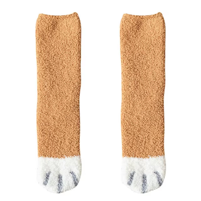 Plush Winter Funny Cute Style Animal Cat Paw Cartoon Pattern Women Cotton Socks Super Soft for Female House Sleeping Floor Sox